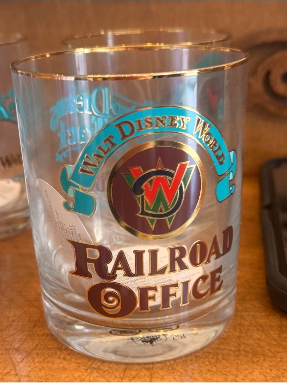 Disney Clear WDW Railroad Office Glass with Gold Trim and Turquoise Accents
